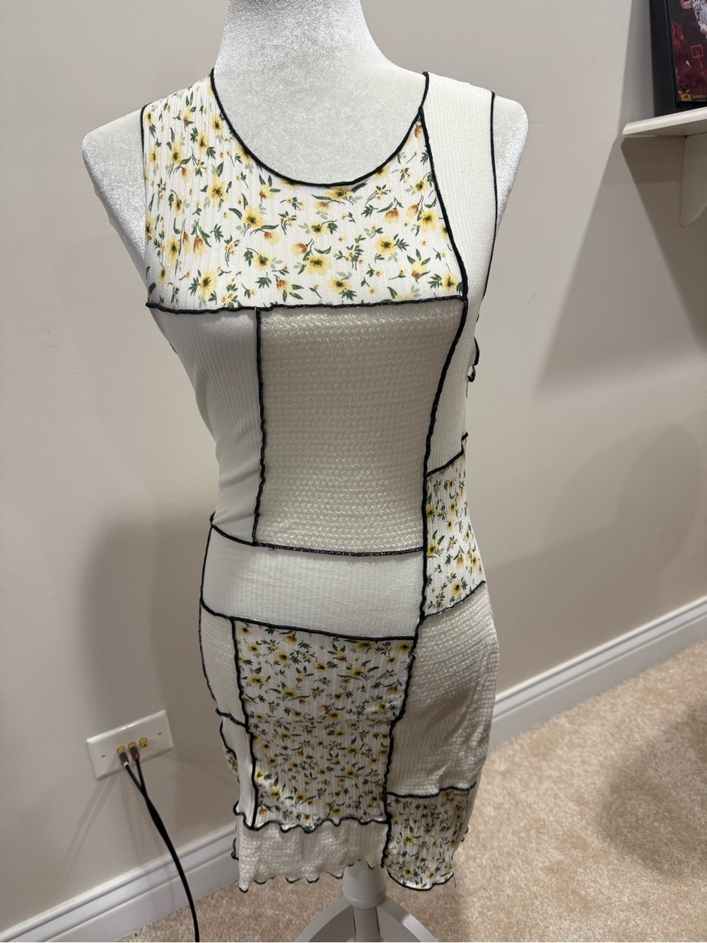 Sleeveless White Mini Dress with Yellow Floral Patchwork